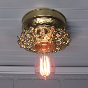 Vintage Art Deco Flush Mount Ceiling Light, 1920&#39;s Satin Brass Farmhouse Decor, 8&quot; Long Restored