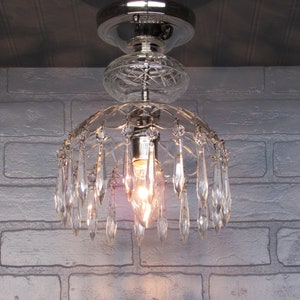 Vintage 1930's Petite Crystal Waterfall Chandelier with Crystal Prisms 11" Long Crystal and Silver Chandelier