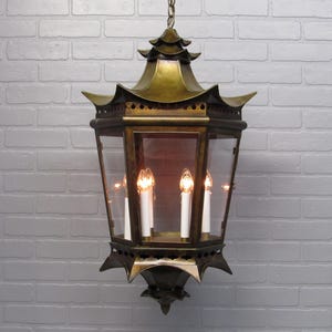 Large Chinese Pagoda Brass Lantern 1940's Pierced Details 31" Lantern