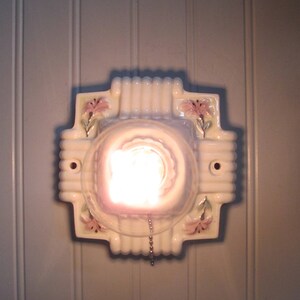 Vintage Art Deco Porcelain Flush Mount Ceiling Pull Chain Light Fixture