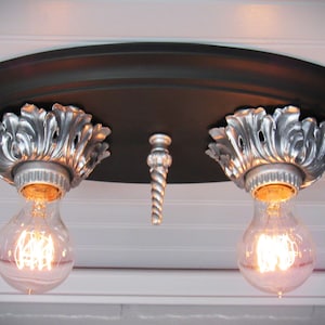 Vintage 1930&#39;s Art Deco Flush Mount Ceiling Light  Black and Silver Farmhouse Lighting Two Light