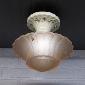 Vintage Art Deco Ceiling Light: Pink Frosted Glass, Floral Porcelain Fixture
