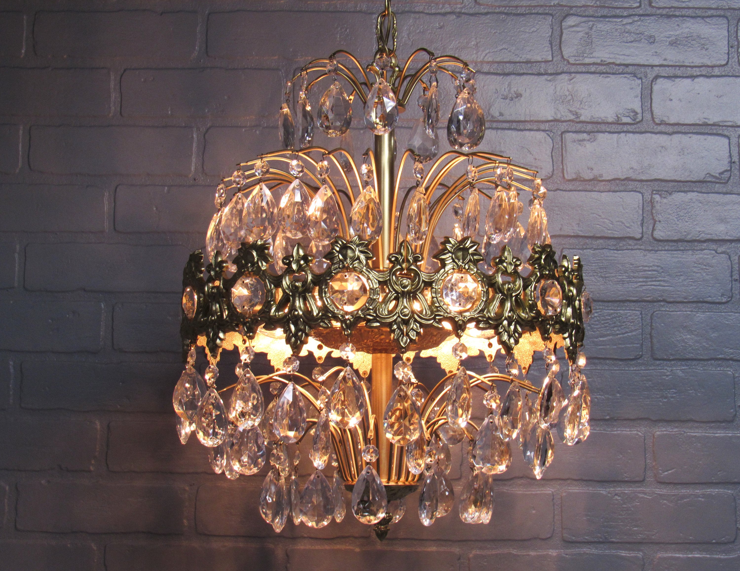 Vintage Hollywood Regency Chandelier Crystal Prism Waterfall Light