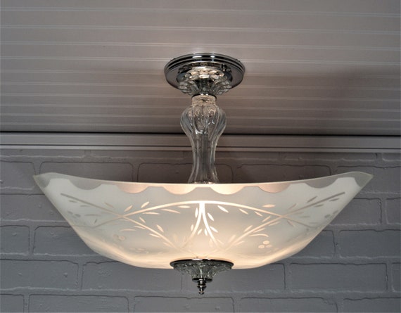 Vintage 1930 S Art Deco Semi Flush Mount Light Fixture Stunning Glass Accents 14 3 4 Long