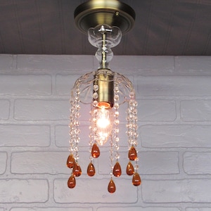 Vintage 1930&#39;s Petite Crystal Waterfall Chandelier Antique Brass with Amber Crystal Prisms 14&quot; Long