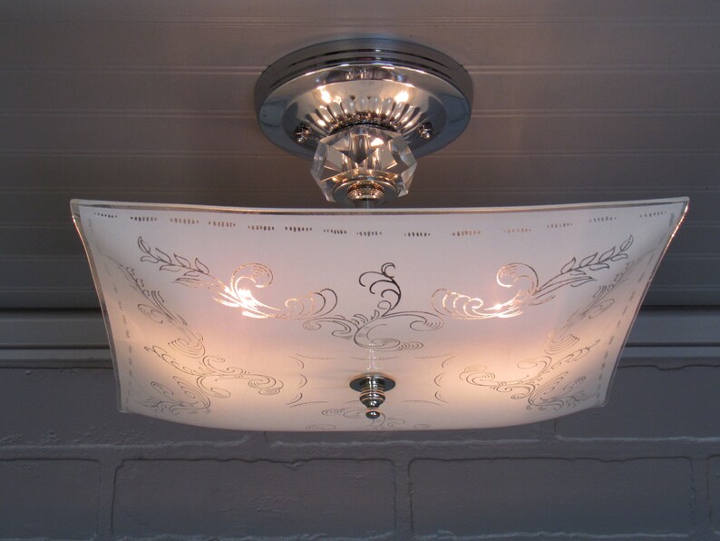 Vintage 1930 S Art Deco Retro Semi Flush Mount Ceiling Light Cut Crystal Fixture Square Glass Shade