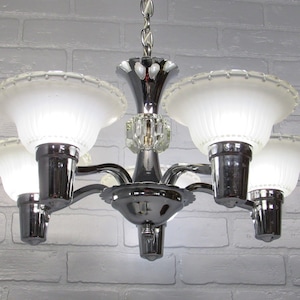Vintage 1930&#39;s Slip Shade Chandelier Chrome Finish Restored 30 1/2&quot; Long