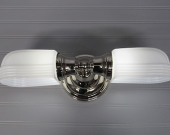 Vintage Art Deco Vanity Light  Bathroom Wall Sconce Nickel Milk Glass Shade 16" Wide