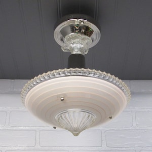 Vintage Art Deco Semi Flush Mount Light Nickel 12" Drop (Length) Pink Glass Shade