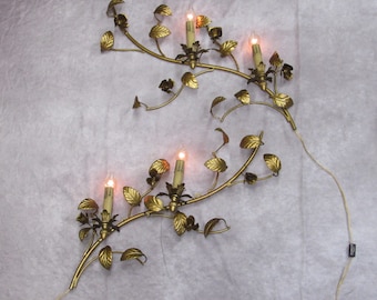 Large Vintage Pair Italian Gold Gilt  Wall Sconce Lights  25" by 14"