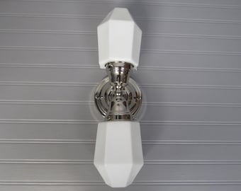Vintage Art Deco Vanity Light  Bathroom Vertical Wall Sconce Milk Glass Shade 16" Tall GEO