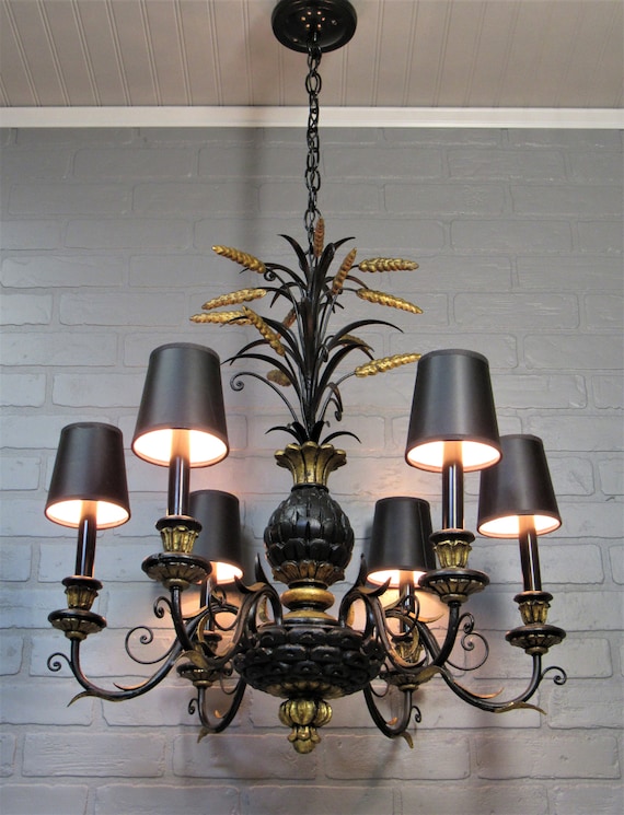Vintage Antique 1930 S Chandelier Pendant Light 6 Black And Gold Italian Gilt Pineapple