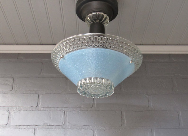 Vintage Art Deco Semi Flush Mount Ceiling Light Blue Hobnail Glass Gray Light Fixture