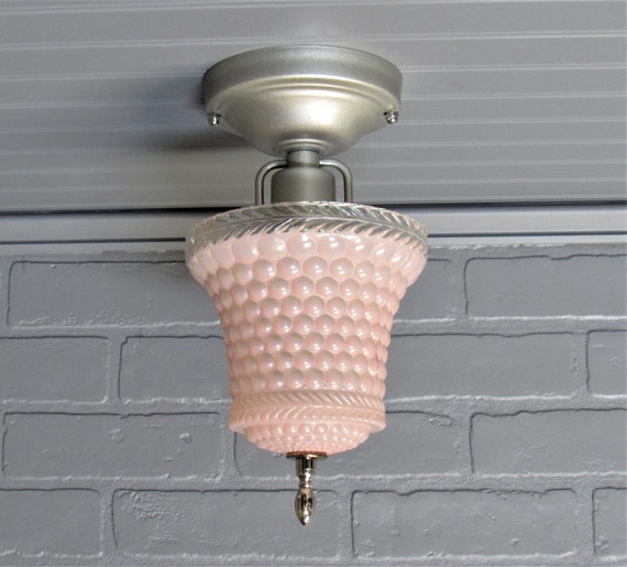 Vintage Art Deco Pink Semi Flush Mount Ceiling Light Fixture Hobnail Glass Shade 6 3 8 Diameter 10 1 4 L