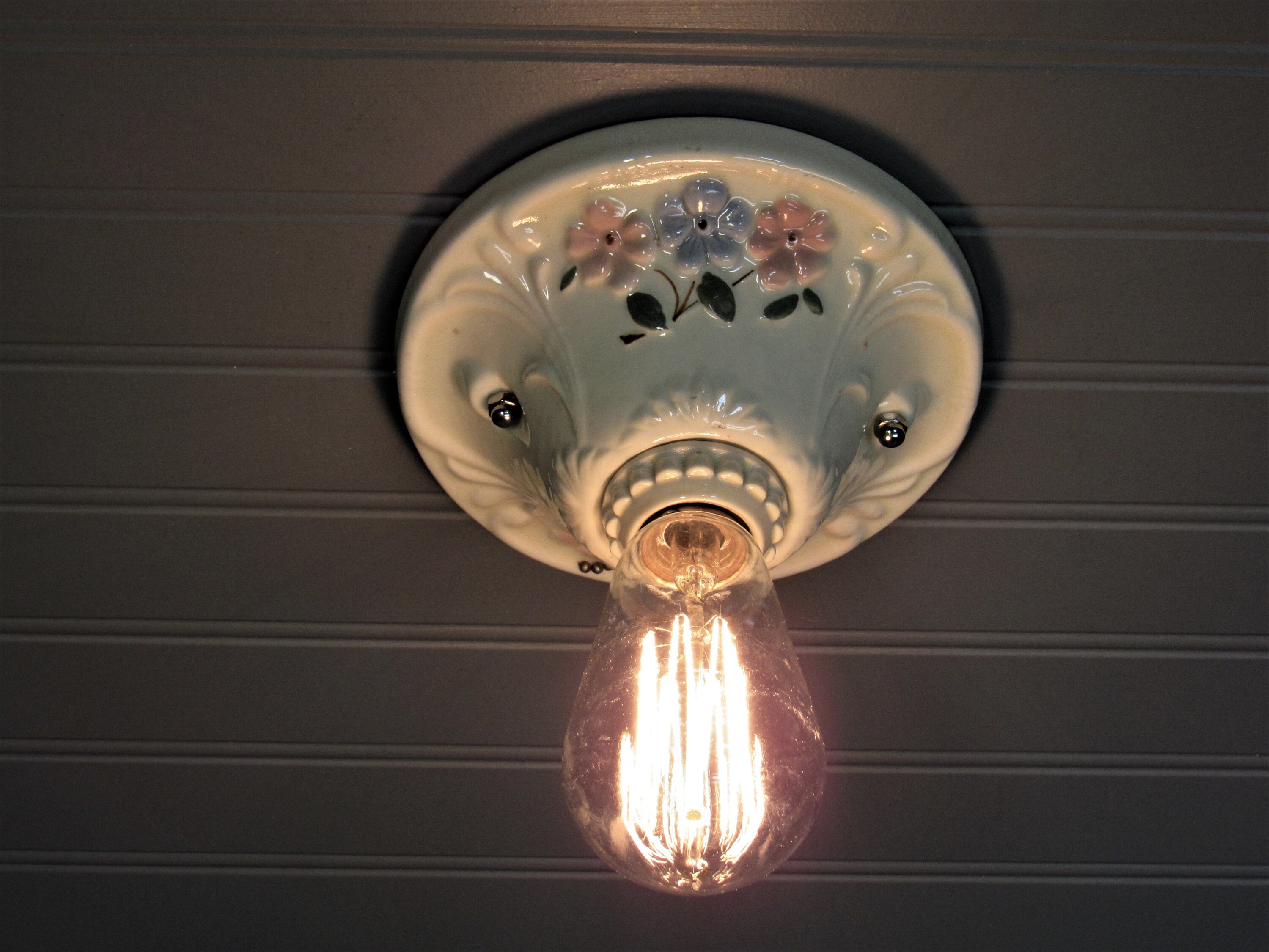 Vintage Art Deco Porcelain Flush Mount Ceiling Light Fixture Square Porcelier Floral Single Bulb Light