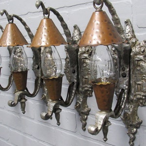 RARE Set of 4 Vintage Arts and Crafts Gothic Storybook Slip Shade Sconces Copper