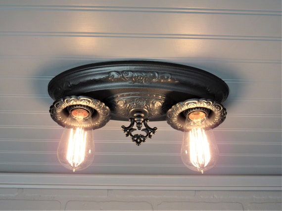 1930 S Vintage Flush Mount Ceiling Light Cast Iron Gray Farmhouse Decor 2 Light Ul Listed
