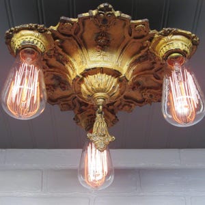 Vintage Antique Art Deco Flush Mount Ceiling Light, 1920&#39;s Ceiling Fixture, Rewired Cast Iron Farmhouse Light