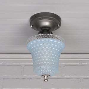 Vintage Art Deco Retro Semi Flush Mount Ceiling Light 11&quot; Long with Blue Hobnail Glass  Shade
