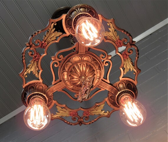 Vintage Art Deco Ceiling Light Brass Three Light Chandelier Etsy