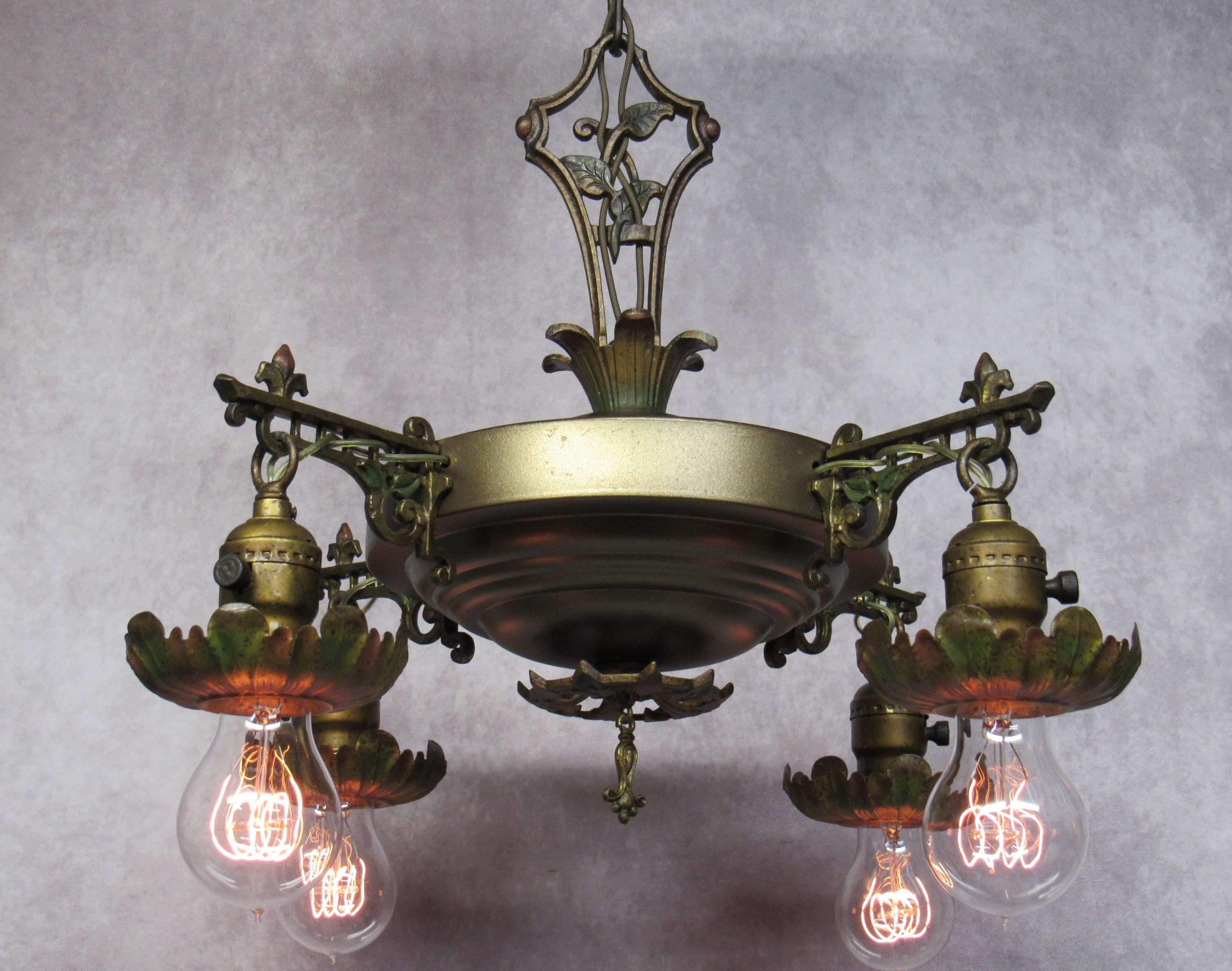 Vintage 1920 s Art Deco Pan Light Chandelier 24 Long Brass Four