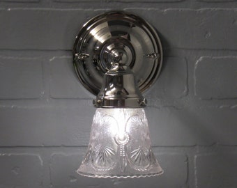 Vintage Art Deco Vanity Light  Bathroom Wall Sconce Nickel with Lavender Glass Shade