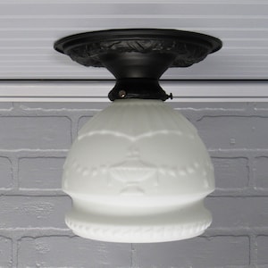Vintage Art Deco Semi Flush Mount Ceiling Satin Black Fixture, Vintage Frosted White Shade