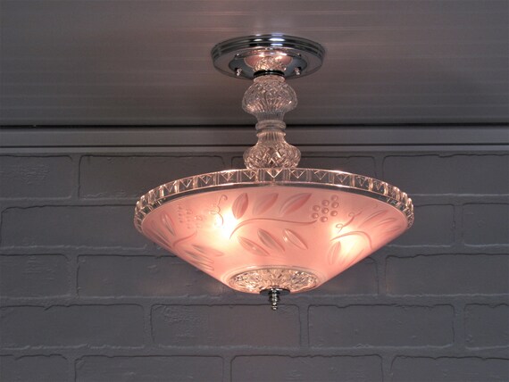 Vintage Art Deco Semi Flush Mount Ceiling Light Fixture 12 Long Pink Leaf Shade Chrome Fixture