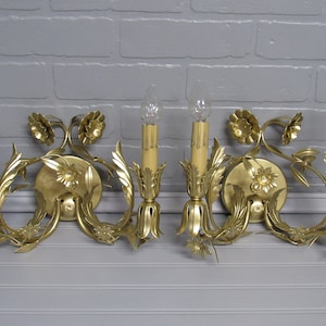 Vintage Pair Italian Tole Wall Sconce Lights, Restored Sconces, Gold Flower Sconces