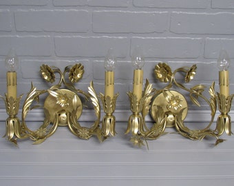 Vintage Pair Italian Tole Wall Sconce Lights, Restored Sconces, Gold Flower Sconces