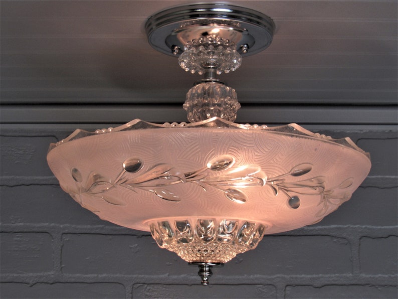 Vintage Art Deco Ceiling Light Semi Flush Mount Fixture Pink Hobnail Candlewicke Glass Shade 11 1 4 L