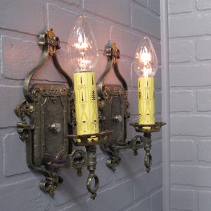 PAIR Vintage 1930&#39;s Craftsman Wall Sconces Restored 10 3/4&quot; Tall Gothic Sconces