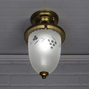 Vintage 1950&#39;s Retro Semi Flush Mount Ceiling Light, Brass Fixture, Glass Shade Light 11 1/4&quot; L