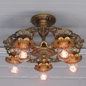 Vintage Art Deco Flush Mount Ceiling Light, 1930&#39;s Polychrome 5 Light Fixture  16&quot; Diameter
