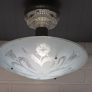 Vintage Art Deco Semi Flush Mount Light Nickel 10 1/4&quot; Drop (Length) Blue Glass Shade
