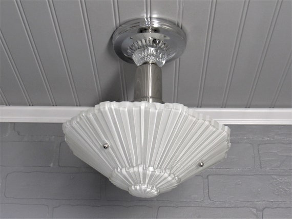 Vintage Art Deco Semi Flush Mount Ceiling Light Fixture Chrome Retro Light Fixture 11 1 4 Drop Length Starburst Glass Shade