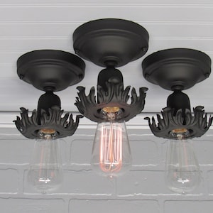 3 Matching Vintage Art Deco Flush Mount Ceiling Light, 1920's  Matte Black Modern Farmhouse Decor