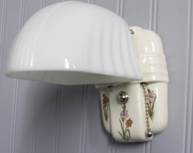 Vintage Art Deco Bathroom Wall Sconce, Vanity Light, Ivory Floral