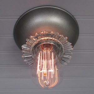 Vintage Art Deco Flush Mount Ceiling Light, 1920&#39;s Farmhouse Pewter Glass Light