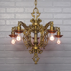 Vintage Antique Art Deco Ceiling Light,  1920&#39;s Gold Chandelier,  5 Light, 20&quot; Diameter 33&quot; Long