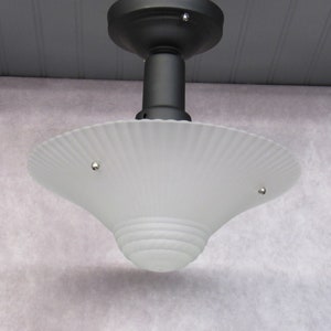 1930's Art Deco Semi Flush Mount Ceiling Light Three Chain Light Frosted Glass Shade Matte Black Fixture