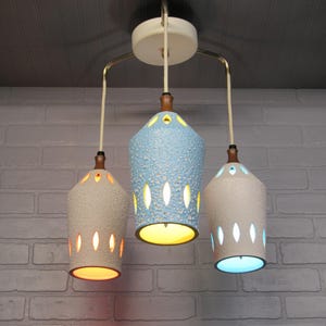 Rare Vintage 1950&#39;s MCM Retro Chandelier Ceiling Light Ceramic Shades 20&quot; Long by 18 1/2&quot; Diameter