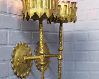 Pair Vintage Italian Gold Gilt Wall Sconces, Large Torch Sconces