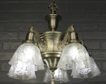 Antique Rare Silver Plate Pan Light Chandelier, 1920's Restored, 5 Light Chandelier