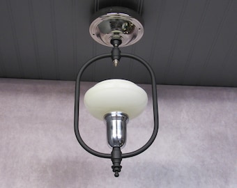 Vintage Art Deco Slip Shade Ceiling Light: Black & Chrome, 1930s Fixture