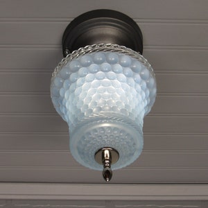 Vintage Art Deco Retro Semi Flush Mount Ceiling Light 11&quot; Long with Blue Hobnail Glass  Shade B