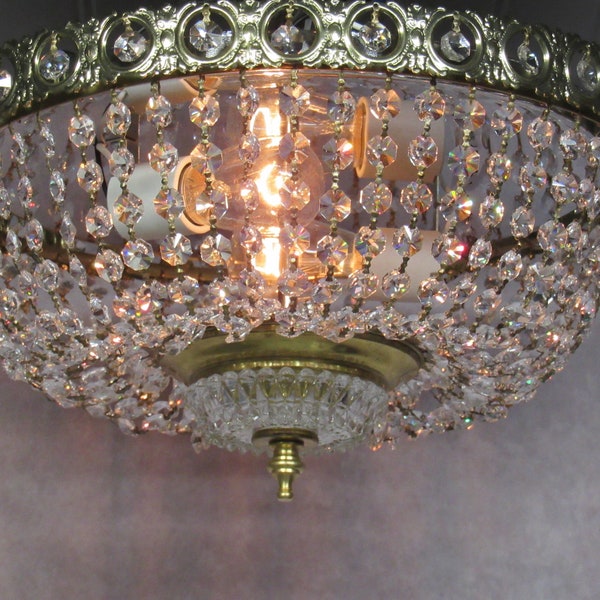 Vintage Flush Mount Crystal Chandelier Basket Ceiling Light 7" Long by 14" Diameter