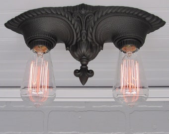 Antique Art Deco Flush Mount Ceiling Light 1920's Matte Black Farmhouse Light 7" Drop Fleur de Lis