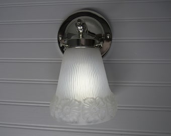 Vintage Art Deco Nickel Vanity Light, Frosted Floral Glass Sconce