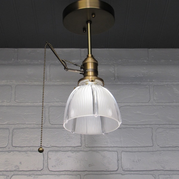Early Electric Style HOLOPHANE Pendant Light with Pull Chain Socket Antique Gold 1920s Shade